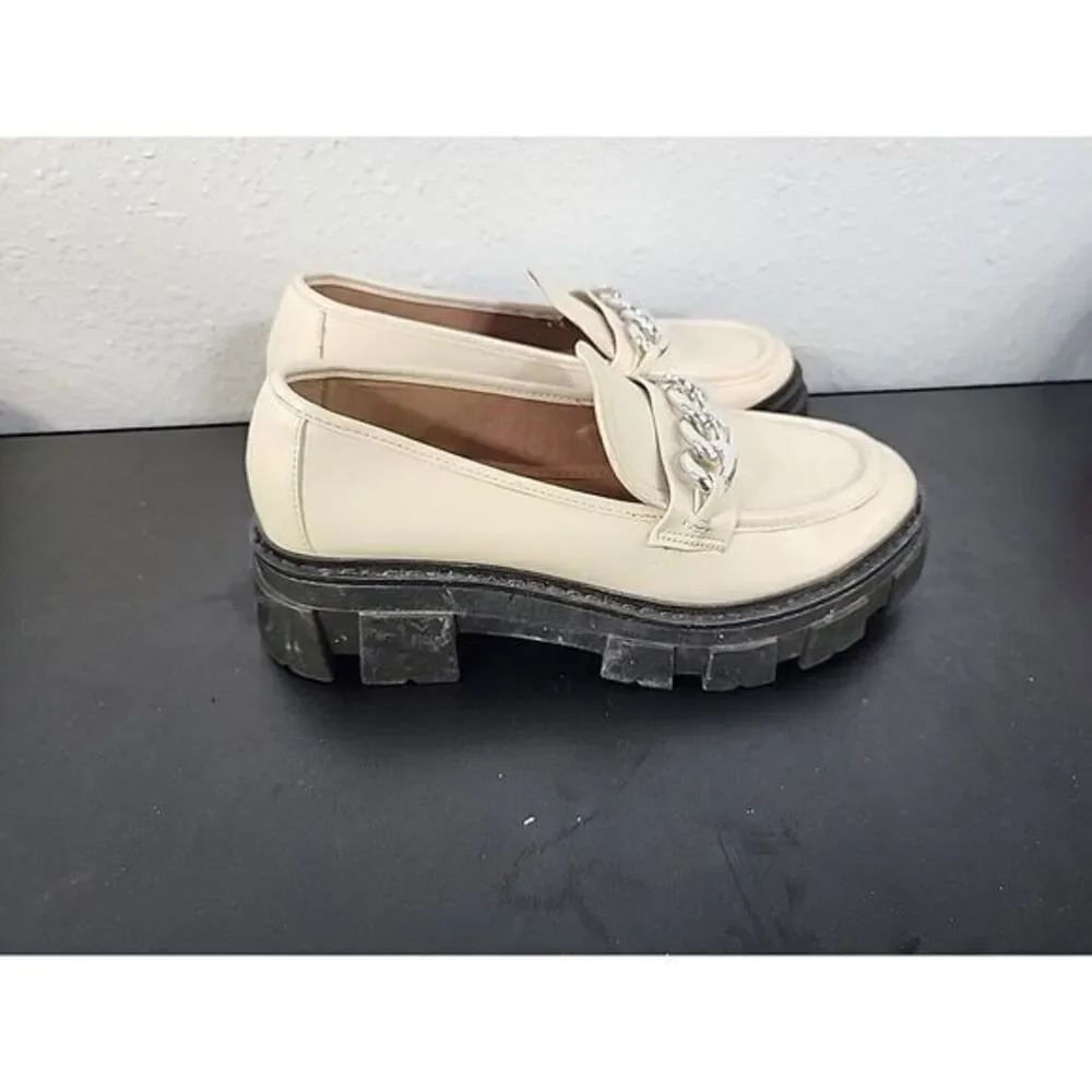 NOBO Chunky Heel Platform Oxford Shoes Cream Silver Chain Slip On Shoes Size 7‎